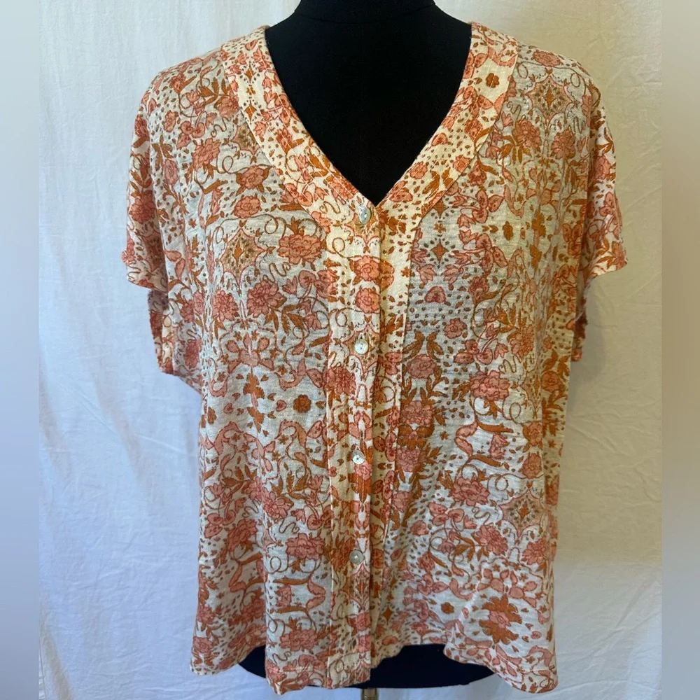 Rachel Zoe 100% Linen Boho Floral Button Front Blouse – XL